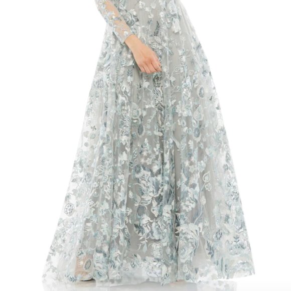 MAC DUGGAL 67869 EMBELLISHED VNECK ILLUSIONS LONG SLEEVE A-LINE PLATINUM GOWN 14 - Picture 2 of 5